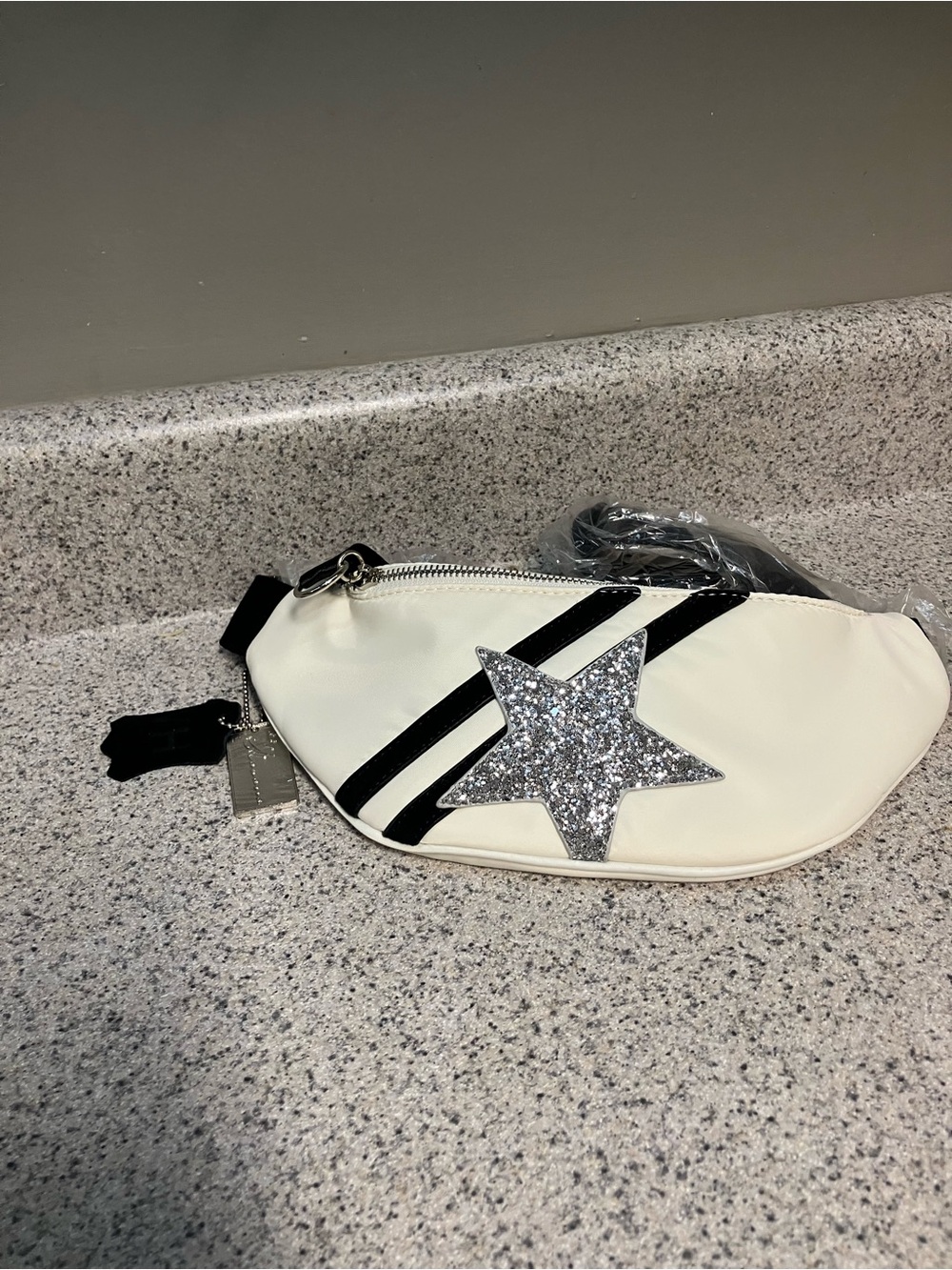 White Bintage Havana Crossbody Belt Bag with Silver Glitter Star
